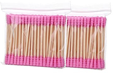 GSHLLO 200 Pcs Colorful Double Tipped Cotton Swabs Cotton Ear Sticks Spiral Head Cotton Buds with Wooden Sticks for Cleaning Pink