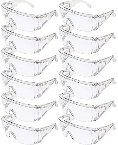 Global Vision Twelve Pairs High Impact Safety Glasses, Goggles Fits Over The Glasses Clear Frame, Lens, Max UV Protection Side Shields, Anti-Glare Brow Guard