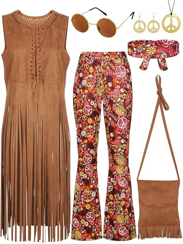 SOMSOC 7 Stücke 70er Jahre Frauen Hippie Kostüm Set beinhaltet Fransen Weste Tasche Hose Stirnband Frieden Zeichen Halskette Ohrringe Sonnenbrille für Halloween