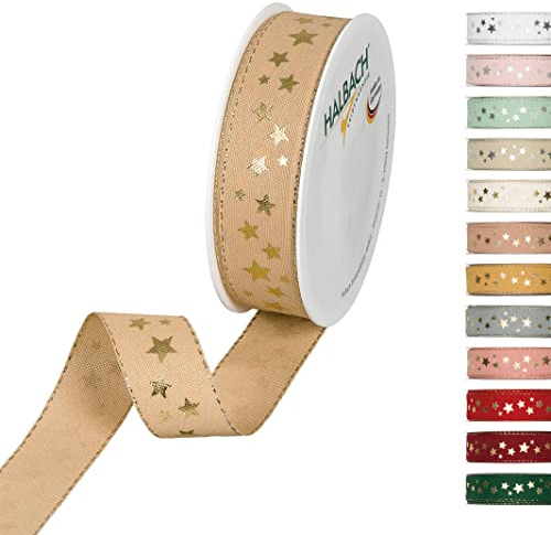 Halbach Weihnachtsband mit Sternen, 25 mm x 18 m, natur/gold | Waschbares Schleifenband in Baumwolloptik, Made in Germany, zum Verpacken und Dekorieren von Weihnachtsgeschenken