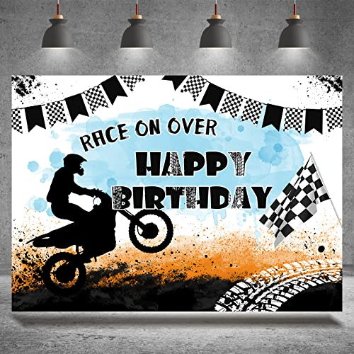 Rsuuinu Motorcycle Happy Birthday Backdrop Race On Over Motocross Racing Photography Background Birthday Party Decoration Extreme Sports Supplies Boys Dirt Bike Bday Banner Photo Booth Props 7x5ft