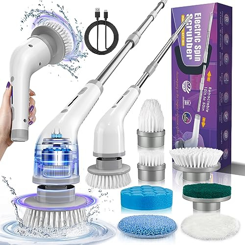 Electric Spin Scrubber, Cordless Shower Spin Scrubber with 7 Brush Heads, Adjustable Extension Arm, 2 Speeds Household Cleaning Brush, Bathroom Scrubber Power Spin Scrubber for Car Grout Sink Tub