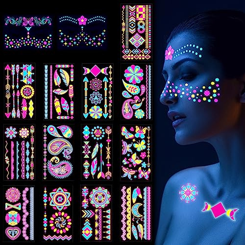 Scettar 15 Sheets Temporary Tattoos, 200+ UV Blacklight Neon Glow Fake Tattoos Multiple Designs Glow in the Dark Neon Tattoos Rave Festival Accessories for Women Girls Party Supplies