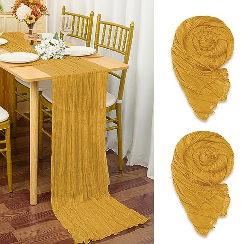 YMHPRIDE 2 Stück Senfgelb, 90 x 300 cm Boho Cheesecloth Hochzeit Tischläufer für Hochzeitsfeier Brautparty Tischdekoration