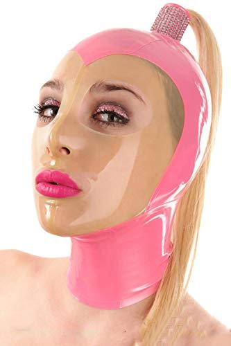 Latexmaske Bondage Maske Gesicht Lassen Atemlöcher mit Sexy Langen Haaren SM Sklavin Fetisch Maske Atmungsaktiv Bondage Maske Kopfbedeckung Erotik für Adult Cosplay Bar Maskerade,XXL,Pink