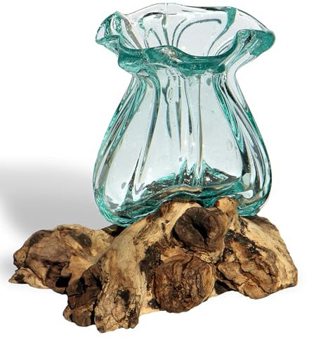 Geschenk Idee Dekoration Wohnung Gamal Wurzel Holz Glas Ø Glas 12-13 cm Vase Teakholz Handarbeit Vase Pott S