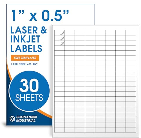 1 X 0.5 Matte White Printable Barcode Labels (30 Sheets, 4800 Stickers) UPC Labels and Price Tags for Laser & Inkjet Printers - Spartan Industrial Template R001