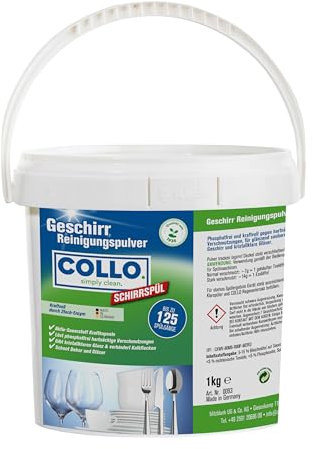 COLLO SCHIRRSPÜL Geschirrspülpulver 1 kg, phosphatfrei I Hochwirksames Spülmaschinen Pulver für glänzendes Geschirr I Klarer Glanz bis zu 125 Spülgänge