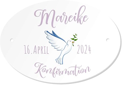 Personalisiertes Namenschild zur Konfirmation Taube Mädchen Türschild Türkranz Deko Eingangsbereich