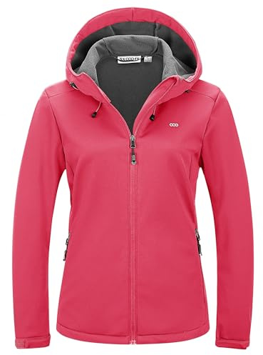 33,000ft Damen Softshelljacke Fleece Gefütterte Funktionsjacke | mit Kapuze, Wasserdicht, Winddicht, 4 Taschen, Warm, Leicht, 4-Wege-Stretch, Übergangsjacke, für Radfahren Wandern
