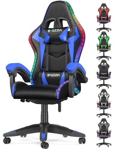 bigzzia Silla Gaming Ergonómica con Luces LED, Altura Regulable, Apoyo Lumbar y Reposacabezas, Respaldo Inclinable hasta 155°, Utilización RGB, Azul