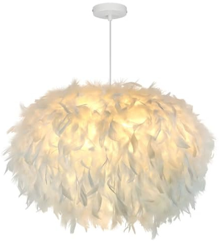 GUANSHAN 55 cm/17,8 Zoll ellipsoide weiße Feder-Pendelleuchte, Feder-Lampenschirm, Deckenleuchte, Feder-Kronleuchter für Wohnzimmer, Schlafzimmer, Esszimmer