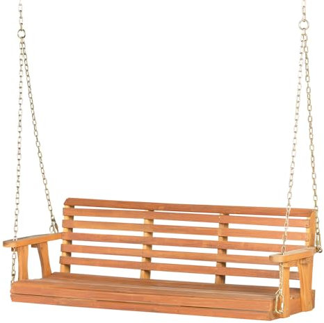 Panana Acacia Wood Porch Swing Chair 2-Seater Outdoor Wooden Swing Bench Loveseat with Hanging Chains for Garden Backyard Deck Patio