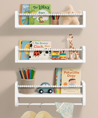 Mazjoaru Estantería de Pared de Madera Blanca para Habitación Infantil Juego de 3 estantes flotantes para guardería, para decoración de Pared y Almacenamiento, Ideal para Libros 40 cm