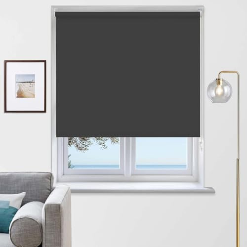 Rehan & Co Thermal Insulated Blackout Fabric Roller Blinds, Easy Fit Child Safe Trimmable UV Protection Home Office Window Blinds, Grey Blind (90cm Width X 165cm drop)