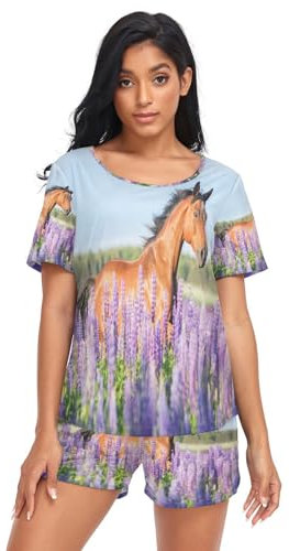 HMZXZ Damen Schlafanzug-Set Tier Pferd Blumen Sommer Pyjama Woman Set,Pferds Blumen Loungewear und Shorts Lounge Set Sleepwear Nachtwäsche