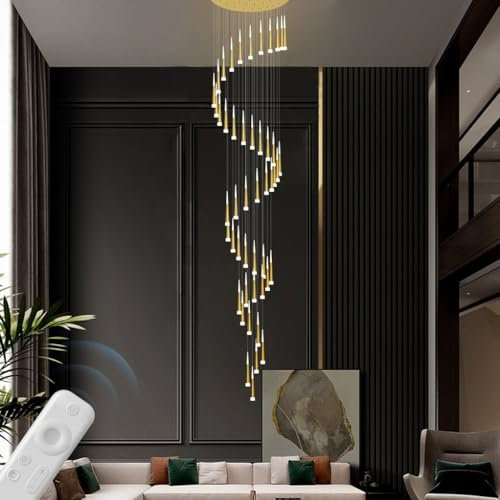 YUPIN Moderne LED Pendelleuchte Long Tube Pendelleuchte Kreative Drehbare Treppenhaus Pendelleuchte Stufenlos Dimmbar Mit Fernbedienung Geeignet Für Treppenhaus Loft Villa Hotel Golden(48heads)