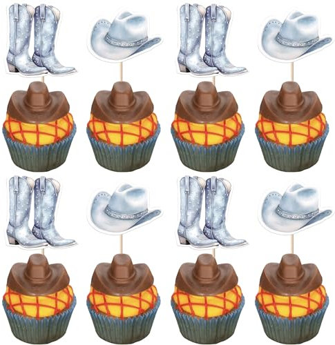 Xsstarmi 36 Packung Cowboy-Cupcake-Topper, Hut, Stiefel, Cupcake-Picker, Western-Cowboy, Geburtstags-Cupcake-Dekorationen für Western-Thema, Babyparty, Geburtstagsparty, Kuchendekorationen, Blau