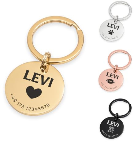 FELLSOCKE Personalisierte Hundemarke aus Edelstahl - 25mm | 30mm | 35mm, Individuell gravierbar, Robuste Tiermarke, Dogtag Anhänger Hunde, Pferde, Katzen & Welpen (Goldfarben, 25 mm)