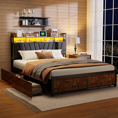 KeepGoon Doppelbett 180 x 200 cm,Schubladenbett mit LED-Licht USB-Buchse, PU-Kopfteil mit Zwei Ebenen mit Ablagefächern, Kopfteil mit Stauraum,Bett aus Stahlholz,Mattschwarze Tigerhautfarbe