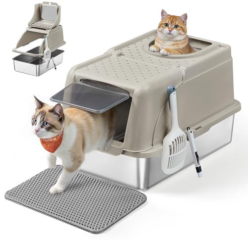 Feandrea Caja de Arena de Acero Inoxidable para Gatos con Tapa Abatible, Arenero XL, a Prueba de Fugas, Cuchara, Cepillo, Doble Entrada, Carga de Encimera de 15 kg, Beige Capuchino PPT005K01