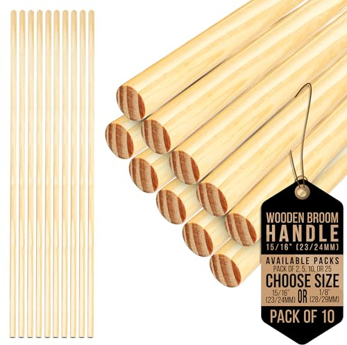 Wooden Broom Handle – Multipurpose Garden Broom Shaft, Mop Handle, Broomstick Brush Pole, Plant Support Wooden Sticks for Garden - 120cm Long Stick (Pack of 10, 15/16 (23/24mm)