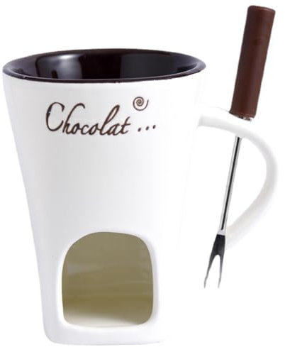 1PC Chocolate Fondue Cup with Fork, 130ml Chocolate Fondue Mug with Handle, Ceramic Sweet Fondue Cup with Hole for Fork Holding, Tealight Not Included