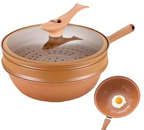 Wok per friggere, wok con cestello per cottura a vapore, ferro con coperchio, padella antiaderente e cottura a vapore, ferro antiaderente, set di padelle grandi per friggere e cucinare con fondo