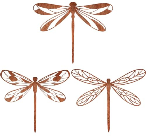MANOPRANA 3 StüCk Gartenstecker Rost Rostdeko Gartendeko FüR DraußEn Garten Deko FüR DraußEn Wetterfest Rost Deko FüR Garten Terrasse Balkon Oder Blumentopf（Libellen）