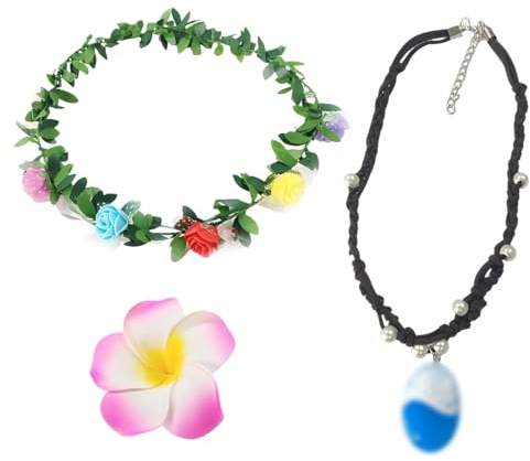 IKOPFLN 3-teiliges Set Kinder Mädchen Prinzessin Moana Halskette Kranz-Stirnband Plumeria-Haarnadel,Kette für Vaiana,Moana's Halskette,Moana Geburtstagsdeko für Frauen und Mädchen