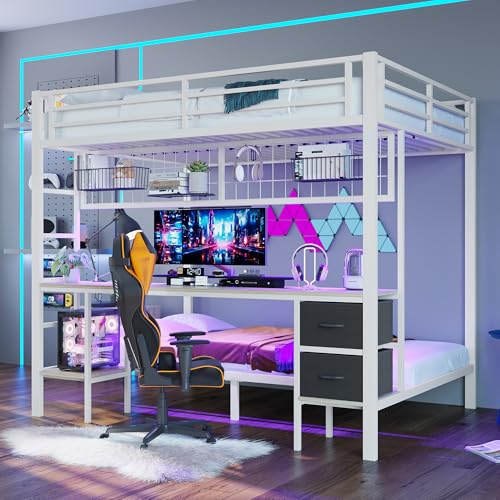 LED Hochbett 90x200&140x200 Metallbett mit Schreibtisch&Gitterwand&Regal&Schubladenschrank, Etagenbett mit USB-Anschluss&Lattenrost, Funktionsbett Spielbett Kinderbett Jugendbett, ohne Matratze, Weiß
