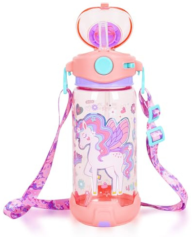 PinkSheep Kids Water Bottle with Straw/Lanyard, 650ml Child Drinking Water Bottle, BPA Free Leak-Proof Locking Flip Lid for Kids Girls Boys School Sport Travel (Unicorn-A)
