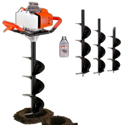 Glowdora Trivella per Pali, Trivella per Pali con Motore A Benzina A 2 Tempi 6000 Giri/Min con Serbatoio del Carburante da 1,2 Litri, 3 Tipi di Punte per Trivella (4, 6, 12) Arancioni.,10cm（4in）