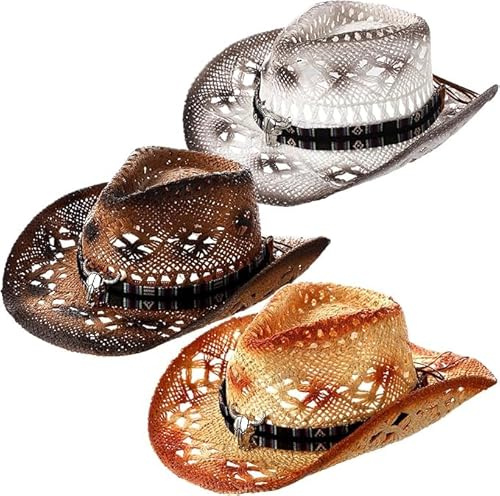 MALLOOM Lot de 3 Chapeaux de Cowboy Western en Paille à Large Bord – Chapeaux Réglables pour Hommes et Femmes, 3 Couleurs (FR/ES, Numérique, 58, Beige, café Clair, café foncé)