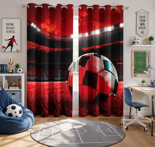 Generisch Vorhänge Fußball, Vorhang Blickdicht Stadion Ball Fussball für Schlafzimmer, Verdunklungsvorhänge mit Ösen, Gardinen Wohnzimmer Deko, H245 X B140 cm, 2er Set X&-5