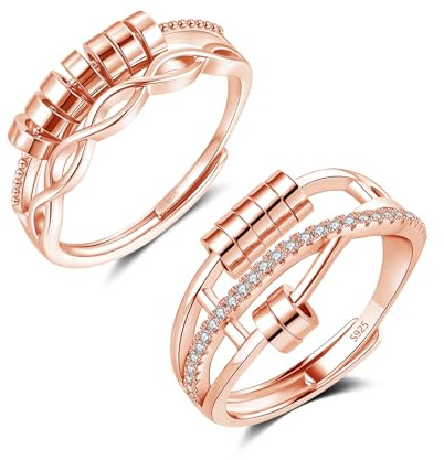 Lynizo Anxiety Ring Rosegold, Verstellbar Anti Stress Ring mit Perlen, 925 Sterling Silber Twist Angst Ringe Set für Damen, 2PCS Neutral Dekompressionsringe mit Zirkonia, Paar Ringe Gegen Nervosität