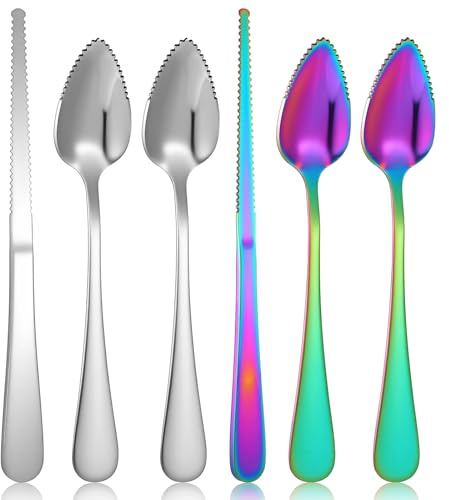 6Pcs Grapefruit Spoons with Serrated Edge, Grapefruit Spoons and Knife Set Stainless Steel Utensils with Thick Gauge Handle for Citrus Lemon Kiwi Salads Melon Lime Pitaya Fruit Puree, Silver and Color