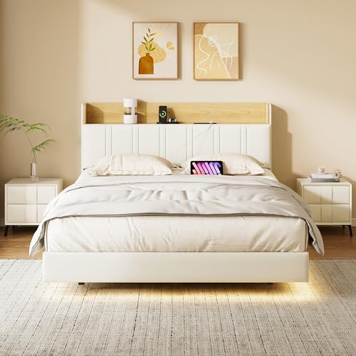 BRILVERDE - Cama tapizada 140x190 cm, cama doble con suspensión con LED y USB, cabecero con espacio de almacenamiento, somier con canape, cama juvenil, PU, Blanco (Blanco, 140x190 cm)