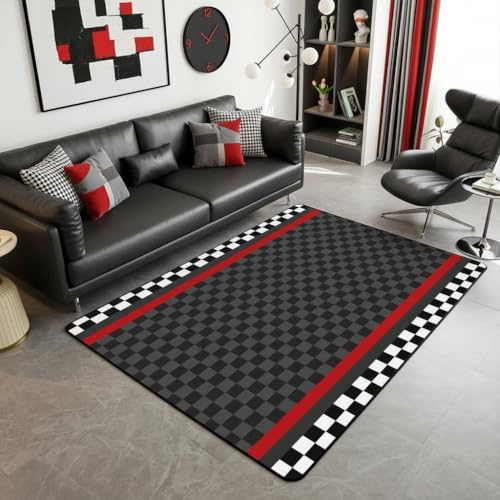feelingyou Racing Car Track Wohnzimmer Teppich 100x150cm Schwarz Honeycomb Decor Schlafzimmerbereich Teppich für Kinder Teens Schwarz Weiß Flagge Plaid Dekorative Indoor Matte Heimdekor