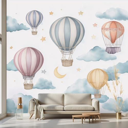 Kioldoq Ballon Wolken Selbstklebende Tapete, Stern Kind Tapeten Selbstklebend, Heißluftballon Fototapete 450 x 315 cm, Wallpaper Self-Adhesive Wohnzimmer Schlafzimmer