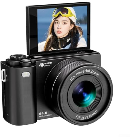 Appareil photo numérique 4K 64 MP, avec zoom numérique 16x, appareil photo compact et enregistreur vidéo vintage pour étudiants, photographie de voyage (noir, 32 G)