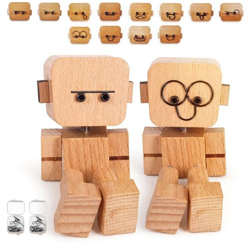 2 pcs Shaking Wood Man Figurine,Wooden Figure with Spring Legs, Shaking feet Wooden Doll, Funny Desktop Decor with 12 PCS Expressions, Car Dashboard Decorations(Beech Wood)