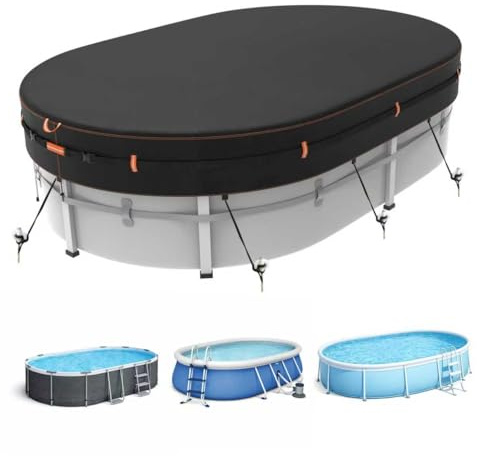 Neuradical Cubierta de Piscina Ovalada 500D para Piscinas sobre el Suelo, Cubierta de Piscina Resistente al desgarro de Uso intensivo con cordón, Correa Reforzada y Clavijas de Suelo, protección UV