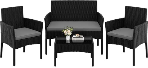 Yaheetech Set di Mobili da Giardino da Balcone 4 Pezzi in Polyrattan con Divano a 2 Posti 2 Poltrone 1 Tavolo per Esterni Patio Giardino Nero/Grigio Chiaro
