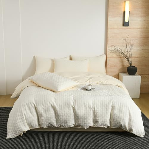 Boqingzhu Ropa de cama de 135 x 200 cm, color beige con textura de gofre de Seersucker, microfibra, para verano, refrescante, transpirable, de 2 piezas (1 funda nórdica + 1 funda de almohada), con