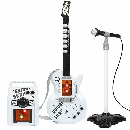 The Magic Toy Shop Kids Electric Guitar with Amplifier & Adjustable Microphone Stand - 6 String Musical Instrument with Flashing Lights & Melodies - Rock Star Music Toys for Boys & Girls Aged 3+