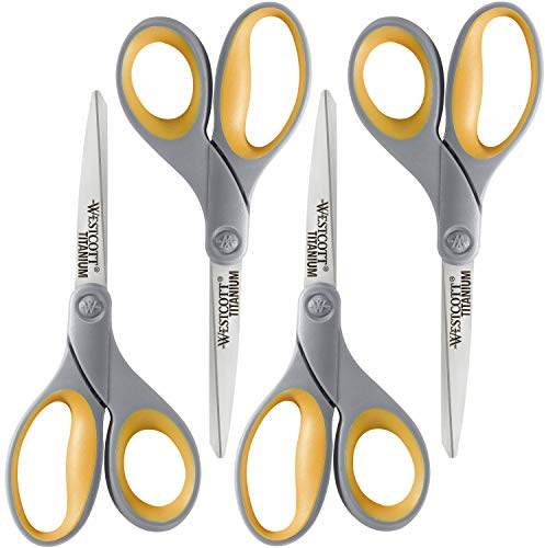 Westcott 8 Soft Handle Titanium Bonded Scissors for Office & Home, Gray/Yellow, 4 Pack (17598)