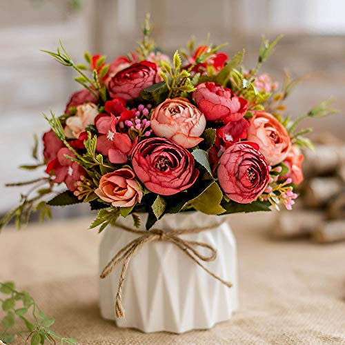 TKAS Künstliche Blumen Seidenrosen Blumensträuße Dekoration mit Keramikvase für Tisch Zuhause Büro Hochzeit (Red Bud)