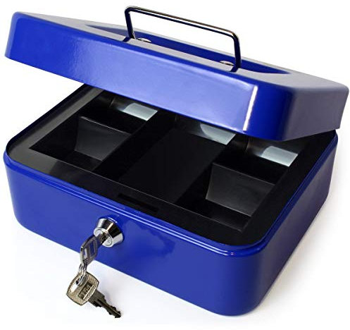 iGadgitz Home U7172 Petty Cash Box with Keys and Coin Tray, Petty Cash Tin, Money Tin -Blue -8 (20cm)