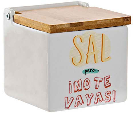 Hogar y Mas Salero Cocina, Fabricado en Cerámica Dolomite, con Tapa de Bambú 11x11x11 cm